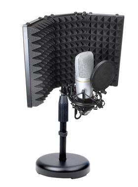 黑色电容话筒U型三门隔音屏 录音话筒防风钢罩 圆底座桌面话筒架