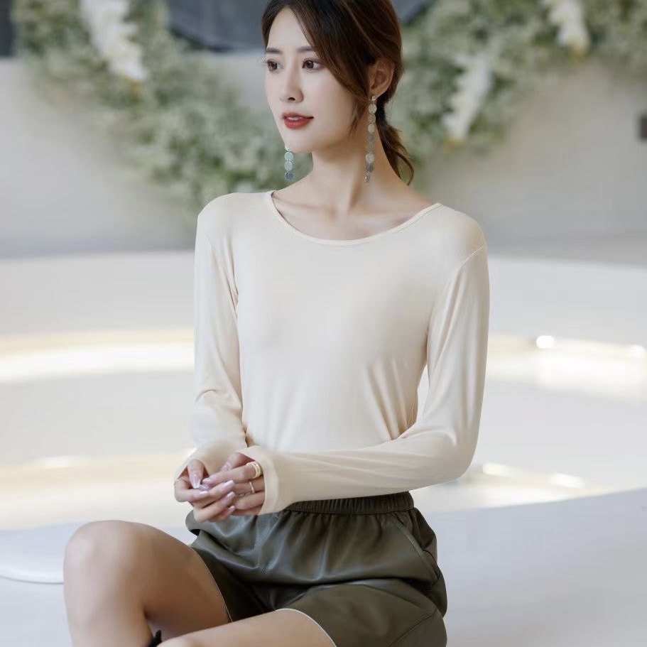 欧曼彩6081圆领打底衫女春秋新款白色修身薄款低领长袖t恤秋衣