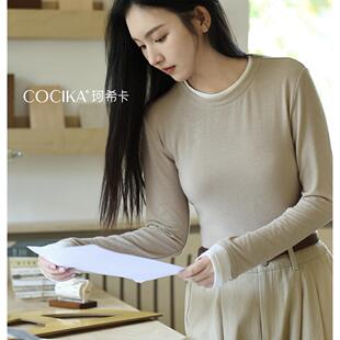 打底衫 修身 上衣 显瘦T恤秋冬新款 珂希卡792黑色假两件圆领长袖