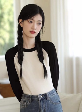 珂希卡拼色加绒加厚圆领打底衫女2023新款秋冬紧身长袖t恤上衣