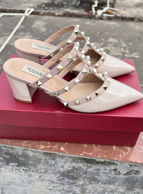 超好看半拖超火法式尖头2025绝美凉拖鞋高粗跟包头铆钉夏季女百搭