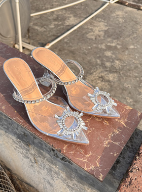 2025超火夏季包头凉鞋女半拖鞋透明太阳花水晶钻尖头粗细高跟外穿