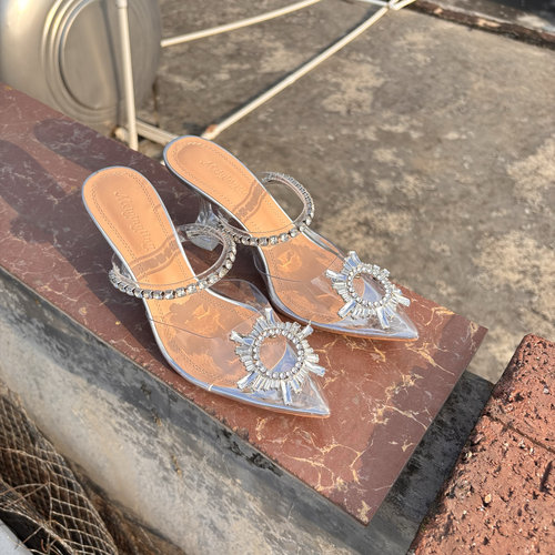 夏季包头女半拖鞋太阳花水钻高跟