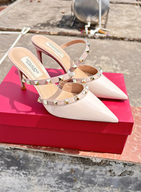 法式绝美铆钉高跟半拖鞋女士尖头细跟包头一字带凉拖百搭半拖外穿