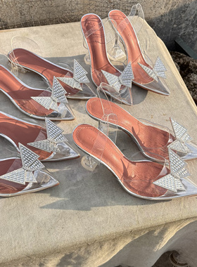 大蝴蝶结凉鞋外穿尖包头2025绝美透明水晶粗高跟鞋女后绊带仙女风