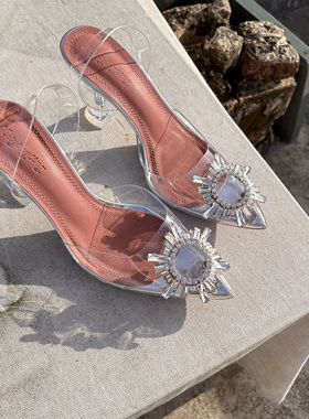 2025新款网红水钻太阳花朵包头PVC凉鞋透明水晶女鞋细高跟四季仙
