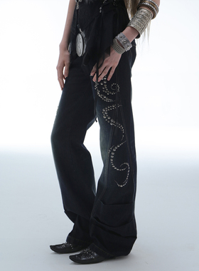 DoublePunch早秋原创中古风直筒微喇做旧烫钻磨破堆堆廓形牛仔裤