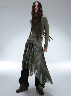 DoublePunch秋冬四季原创神秘古堡数码印花垂坠网纱叠穿半身裙