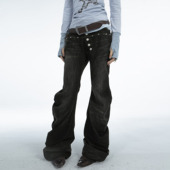 DoublePunch春秋原创四季 黑灰牛仔面料弯刀堆堆显瘦辣妹喇叭长裤