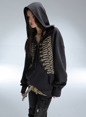 DoublePunch秋冬古典拿破仑风格刺绣金属扣宽松连帽卫衣拉链外套