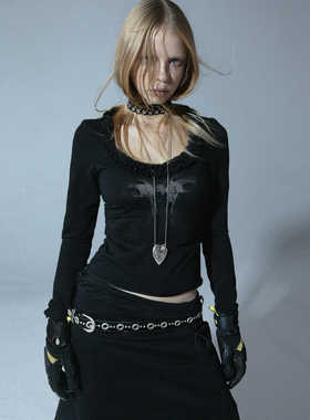 DoublePunch【8折促销】春秋原创正肩修身复古花边印花长袖打底衫