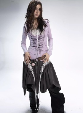 DoublePunch春秋原创四季荡领蕾丝拼接假两件印花打底系带上衣