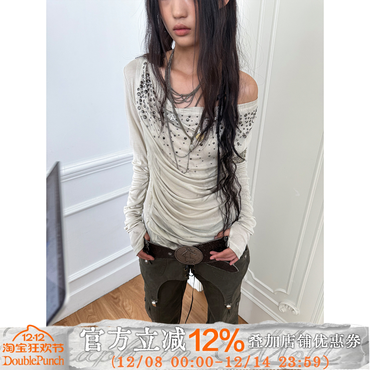 DoublePunch原创烫钻复古印花T恤