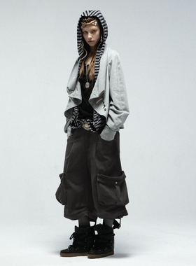 DoublePunch春夏宽松工装水洗印花复古做旧脏脏口袋灯笼八分中裤