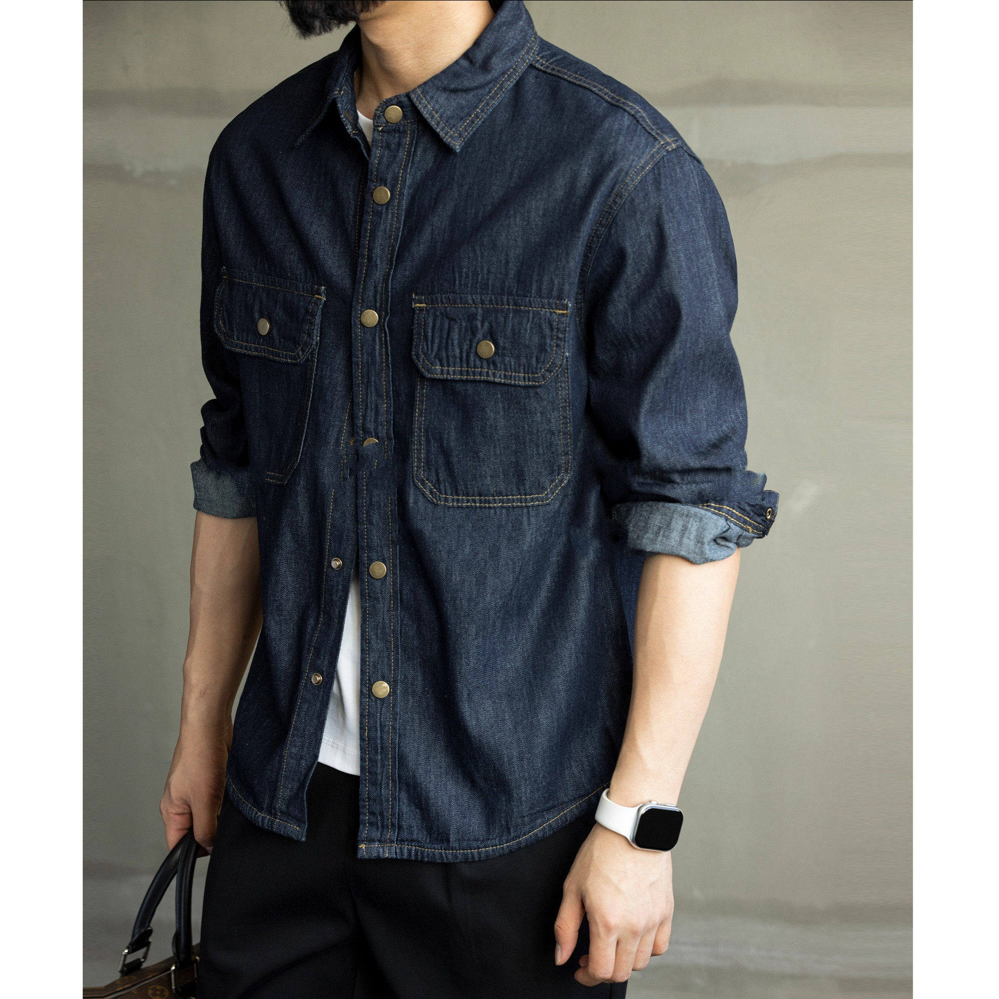 秋季新款原色水洗复古牛仔长袖衬衫男士宽松纯棉高级简约衬衣外套,男装,牛仔衬衫,淘宝优惠券,粉丝福利购,淘宝优惠卷