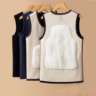德绒保暖背心男冬季加绒加厚羊毛蚕丝爸爸护背坎肩内穿贴身马甲男