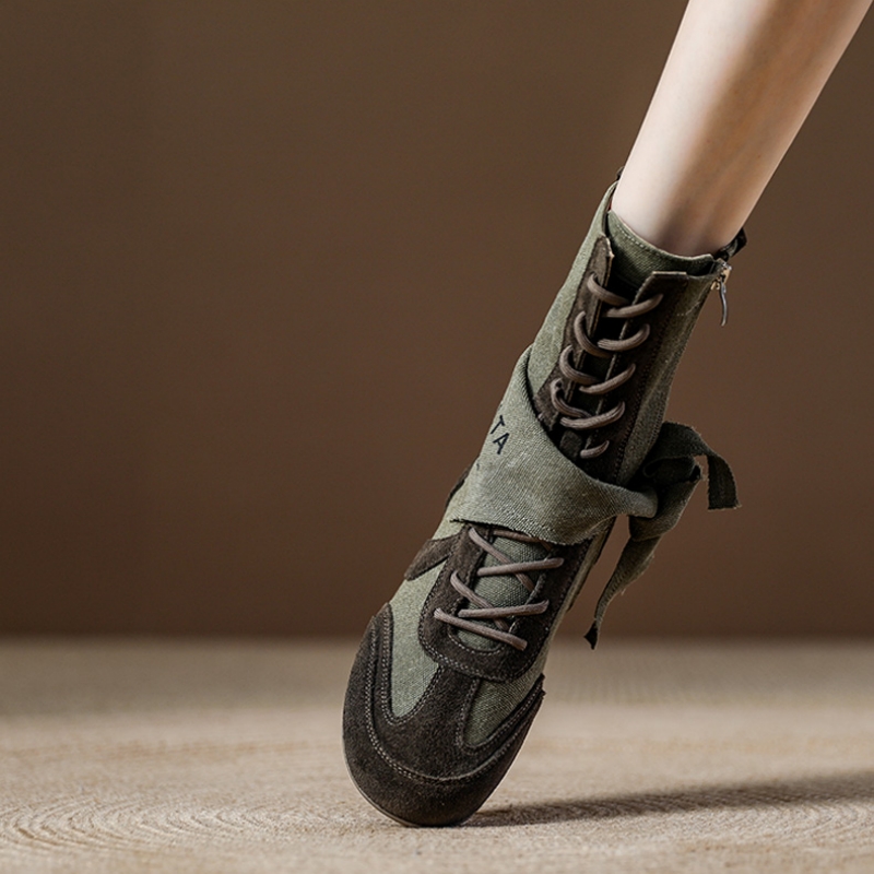 西班牙小众品牌ONGYSL复古帆布鞋中筒马丁靴透气软底短靴休闲女靴