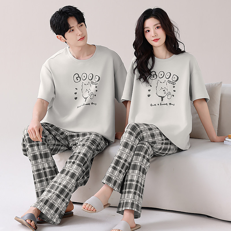 纤丝鸟100%新疆棉男女士全棉睡衣半袖长裤套装情侣文艺格子家居服