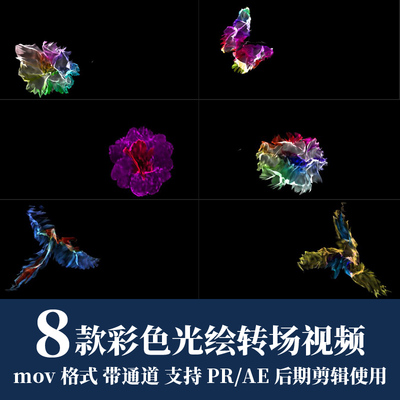pr视频素材彩色光绘蝴蝶花朵飞鸟转场mov动画alpha透明通道ae剪辑