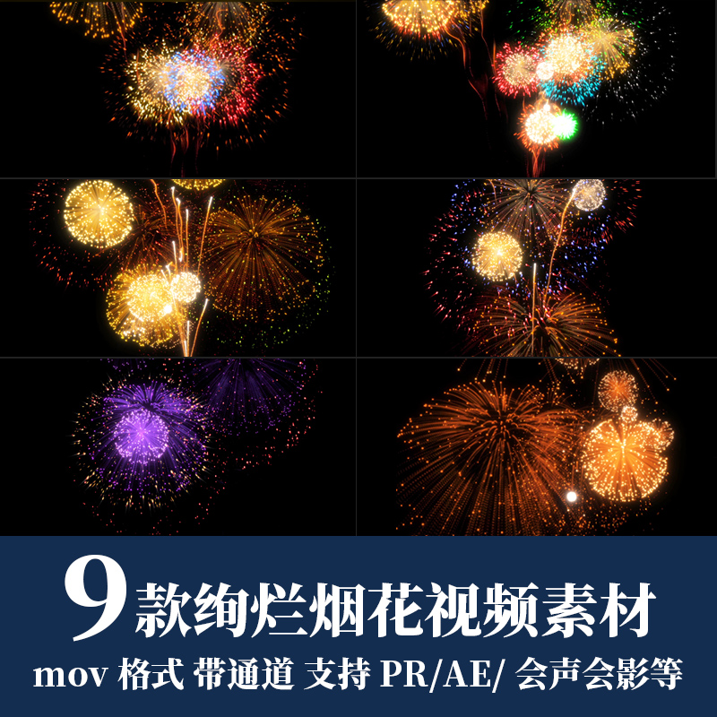 pr/ae视频素材节日喜庆绚烂烟花升空爆炸动画mov透明通道后期合成