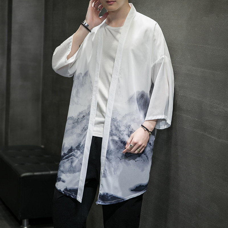 2021中国风印花五分袖开衫汉服防晒衣QT4003-2103-P40黑洞,男装风衣,星座815（原A203）