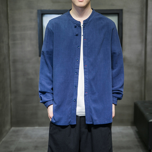 2021风秋冬新款男棉麻纯色暗门襟长袖休闲衬衣QT4003-NB33图片