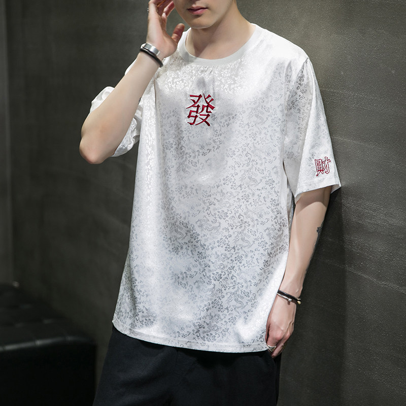 2021夏季中国风冰丝发财刺绣五分袖T恤男潮QT4003-NB31p55黑洞,男装T恤,星座815（原A203）