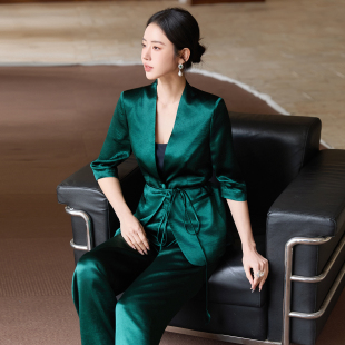 极简浪漫墨绿色西装 轻奢醋酸西服套裤 套装 七分袖 女夏季 FUYAO扶摇