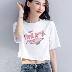 宽松韩版露脐短袖t恤女2026新款夏高腰超短款甜系可爱印花上衣