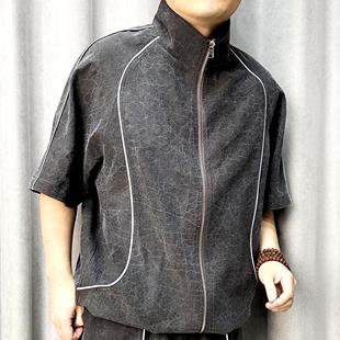 运动男士 百搭休闲时尚 潮流2557 香云纱拼接立领夏季 桑蚕丝潮牌男装