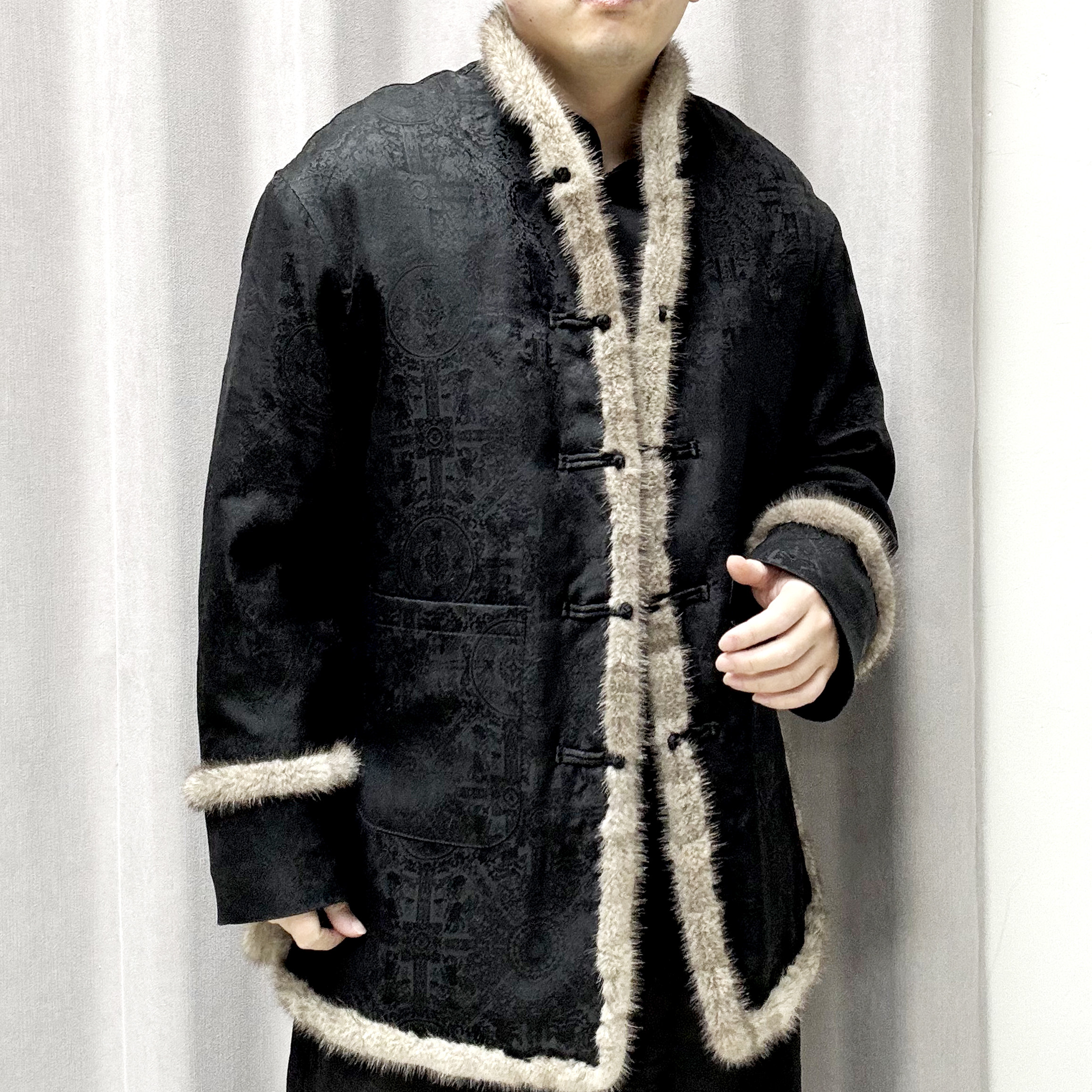 25151桑蚕丝香云纱男装外套中长款加绒加厚中国风秋冬冬季复古