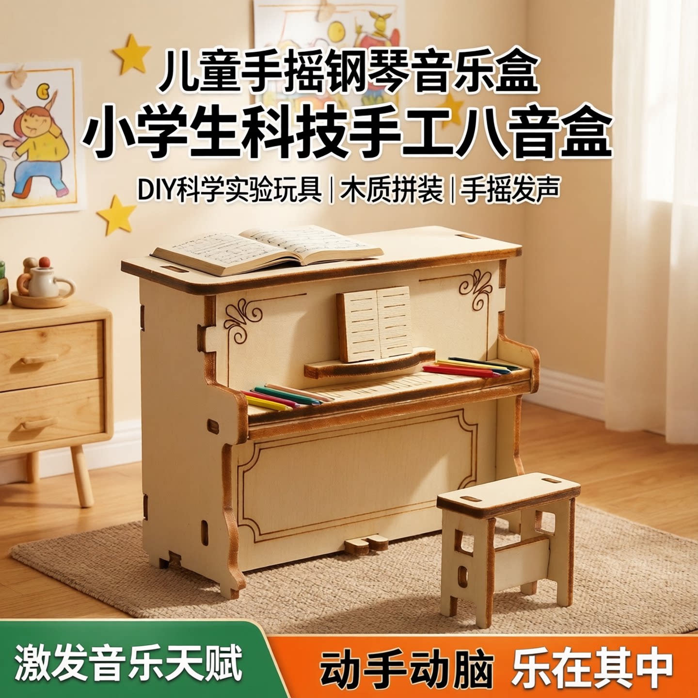 儿童手摇钢琴音乐盒小学生科技手工八音盒制材料DIY科学实验玩具