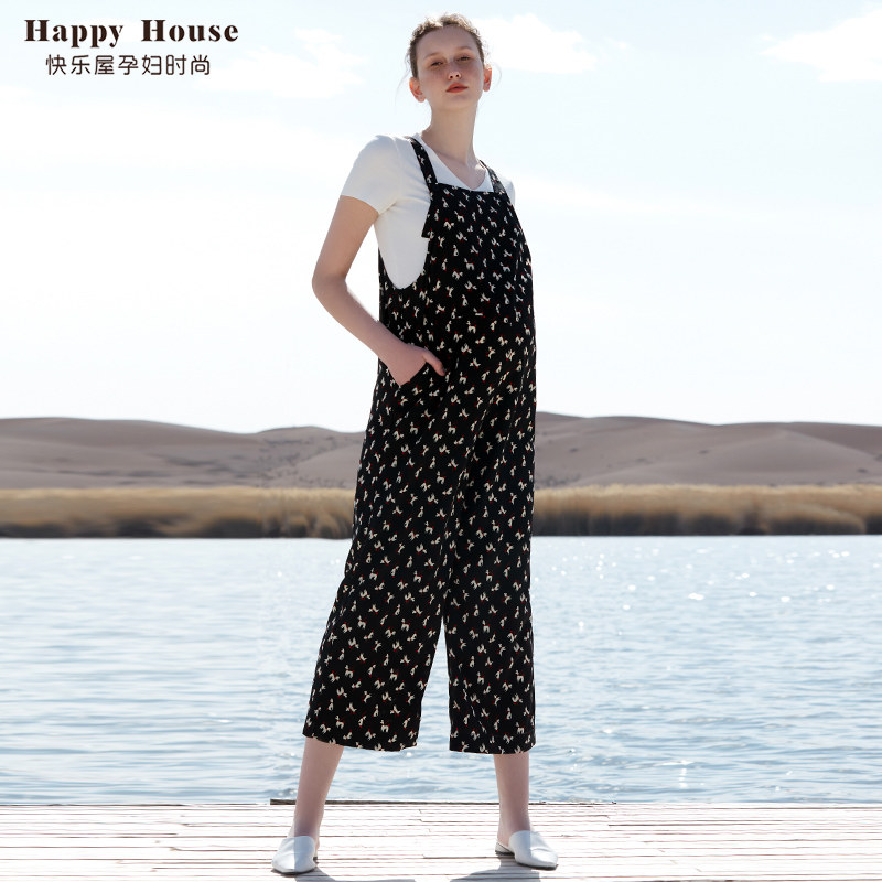 快乐屋孕妇背带裤夏薄款2026新款宽松雪纺印花透气大码时尚阔腿裤