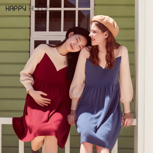 冬装 快乐屋孕妇针织连衣裙冬2025新款 毛衣时尚 裙子长袖 女 小灯笼袖