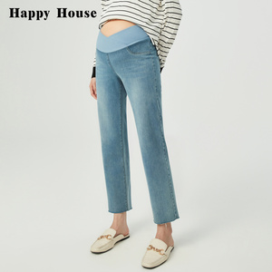 快乐屋孕妇裤子交叉腰孕妇裤直筒裤2024新款秋冬外穿牛仔裤长裤春