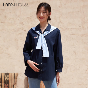 孕妇装 快乐屋拼色披肩假两件孕妇上衣2025新款 时尚 孕妇衬衫 春秋装