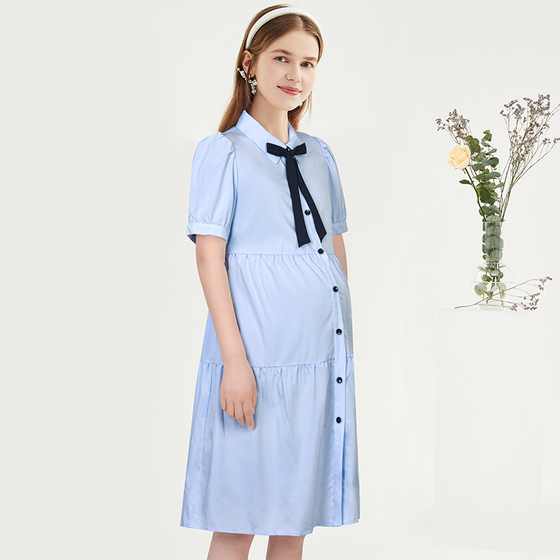 快乐屋孕妇衬衫连衣裙夏款飘带纯色孕妇装潮妈孕中期大码宽松长裙