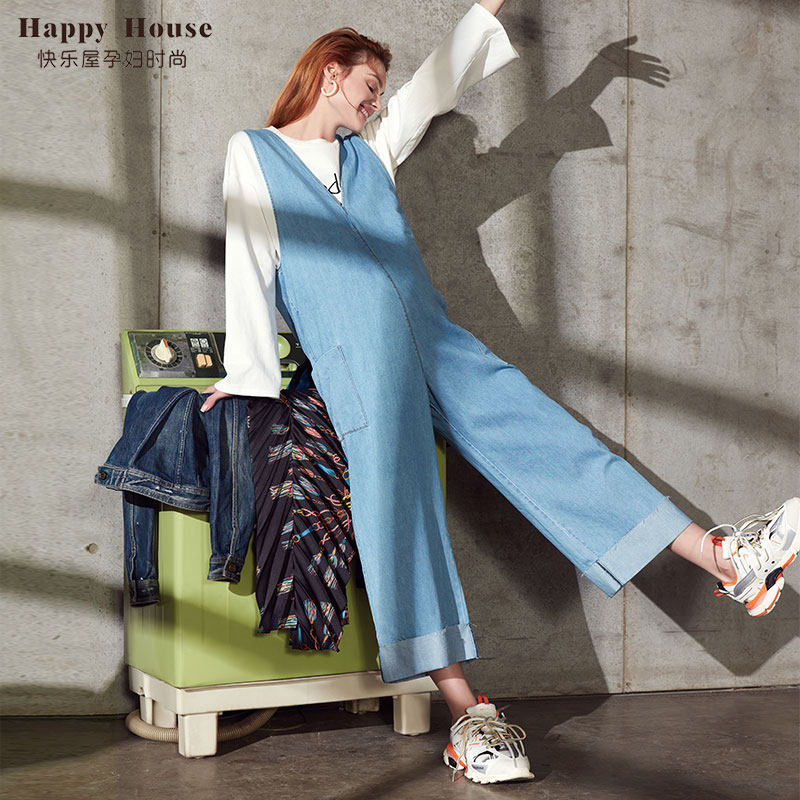 快乐屋孕妇牛仔阔腿背带裤2026春夏新款宽松直筒裤时尚外穿裤子