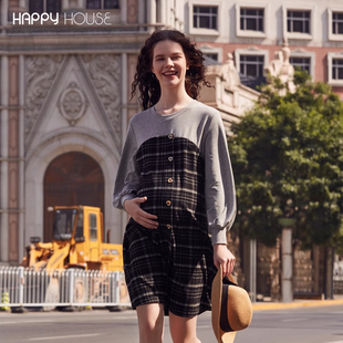 孕妇秋装 2025新款 大码 快乐屋孕妇不规则拼接格子仿两件连衣裙长款