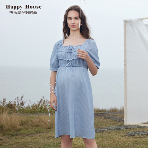 时尚风方领格子孕妇装