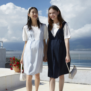 快乐屋哺乳连衣裙夏季外出腰部可调节孕期外穿假两件侧开式哺乳衣