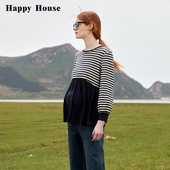 条纹拼接时尚 快乐屋孕妇装 上衣长袖 2026新款 T恤宽松 卫衣春夏款