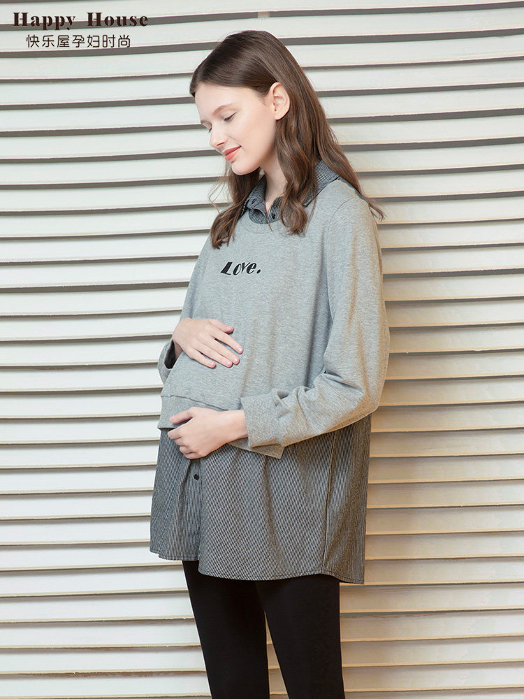 2024 가을 모유 수유를위한 해피 하우스 출산 탑 새로운 가을 패션 바느질 여성 출산 셔츠 중간 길이