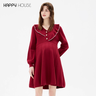 外出法式 宽松气质长款 红色毛衣孕妇裙 大码 快乐屋哺乳连衣裙秋冬款