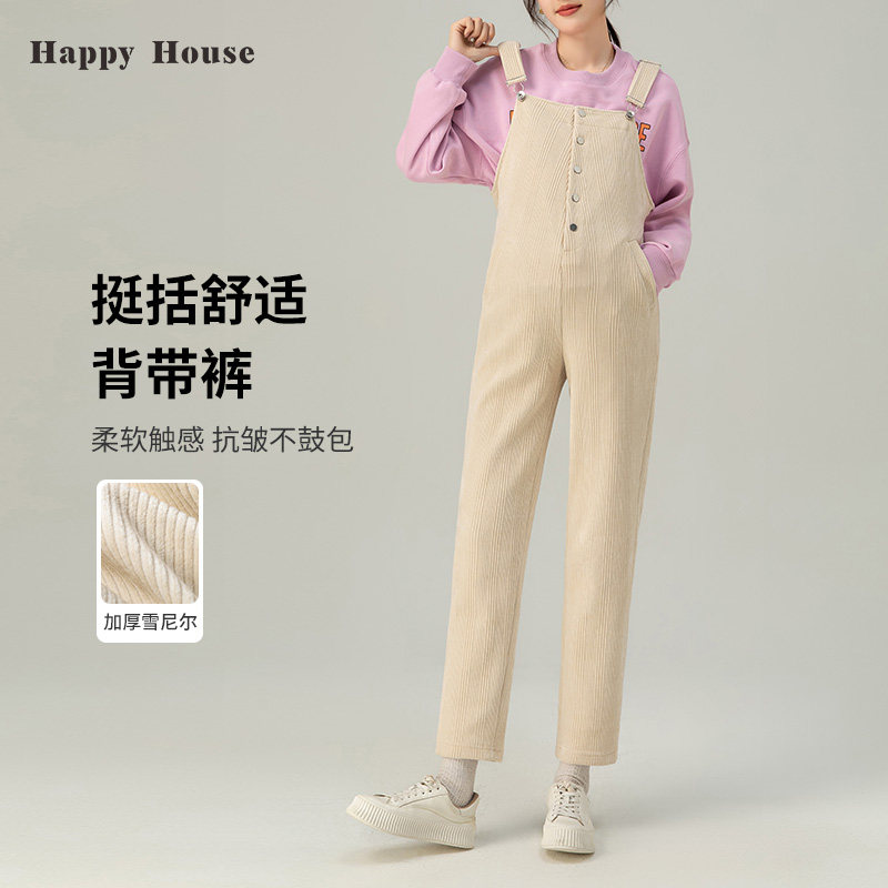 快乐屋孕妇背带裤秋冬2026新款前开扣孕妇裤子灯芯绒显瘦长裤外穿
