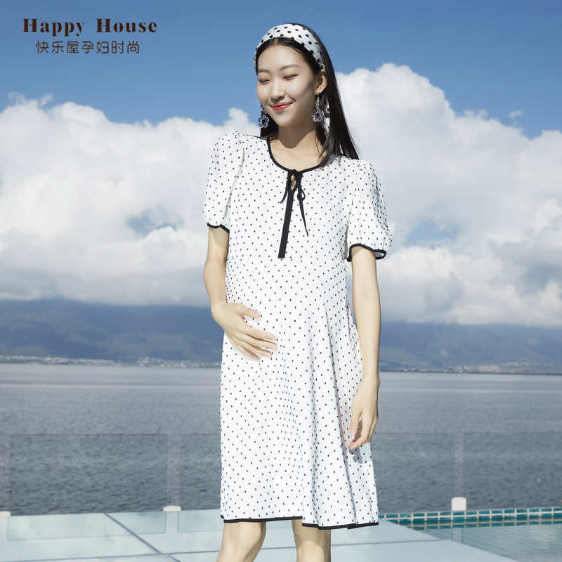 快乐屋孕妇裙子系带剪花连衣裙2025新款中长款圆点孕后期夏装衣服