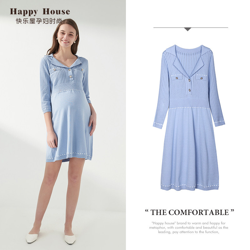 快乐屋孕妇镂空翻领七分袖针织连衣裙2023新款春装时尚孕妇裙潮妈