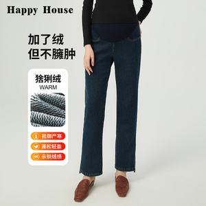 快乐屋孕妇牛仔裤猞猁绒加厚直筒裤2024新款冬装外穿孕妇裤子时尚