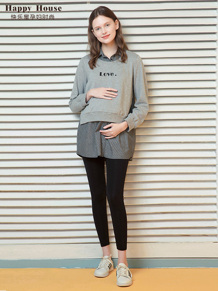 2024 가을 모유 수유를위한 해피 하우스 출산 탑 새로운 가을 패션 바느질 여성 출산 셔츠 중간 길이