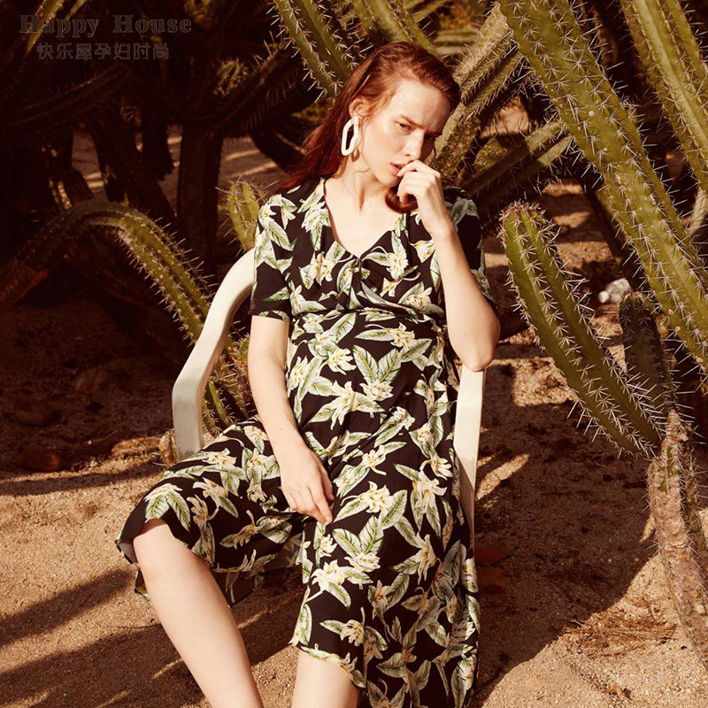 快乐屋孕妇连衣裙长款过膝时尚款2026新款V领韩版潮妈碎花孕妇裙